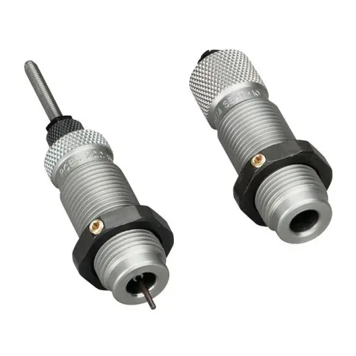 RCBS Full-Length Die Set for bottleneck cases. Includes full-length sizing die with expander-decapping unit and seating die with roll crimp. Thread 7/8"-14.